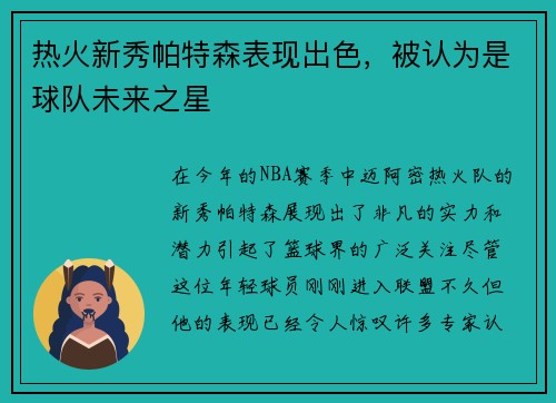 热火新秀帕特森表现出色，被认为是球队未来之星