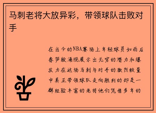 马刺老将大放异彩，带领球队击败对手