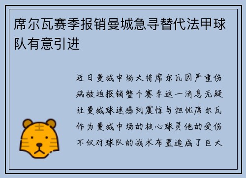 席尔瓦赛季报销曼城急寻替代法甲球队有意引进