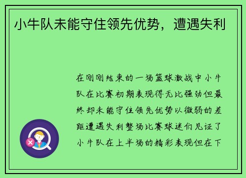 小牛队未能守住领先优势，遭遇失利