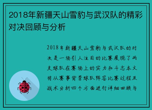 2018年新疆天山雪豹与武汉队的精彩对决回顾与分析