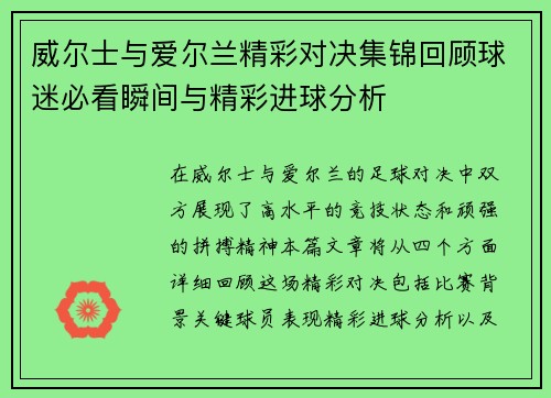 威尔士与爱尔兰精彩对决集锦回顾球迷必看瞬间与精彩进球分析