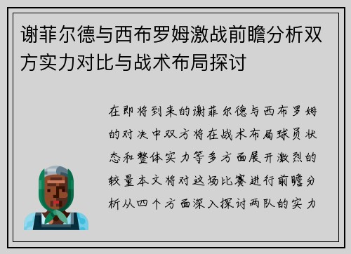 谢菲尔德与西布罗姆激战前瞻分析双方实力对比与战术布局探讨