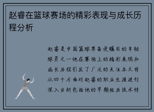 赵睿在篮球赛场的精彩表现与成长历程分析