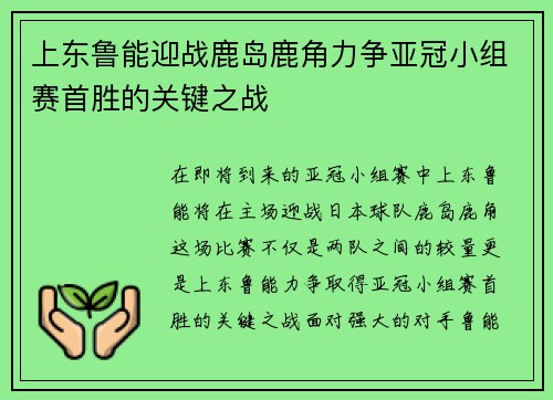 上东鲁能迎战鹿岛鹿角力争亚冠小组赛首胜的关键之战