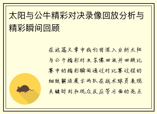 太阳与公牛精彩对决录像回放分析与精彩瞬间回顾
