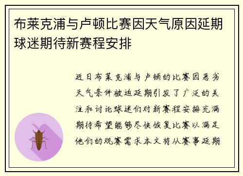 布莱克浦与卢顿比赛因天气原因延期球迷期待新赛程安排