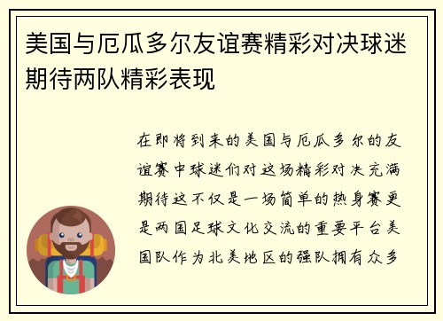 美国与厄瓜多尔友谊赛精彩对决球迷期待两队精彩表现