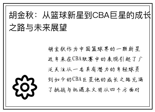 胡金秋：从篮球新星到CBA巨星的成长之路与未来展望