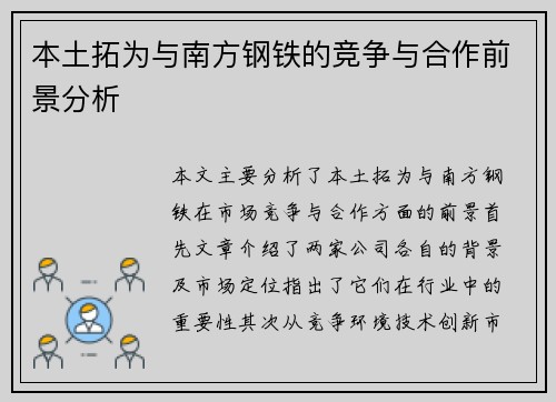 本土拓为与南方钢铁的竞争与合作前景分析