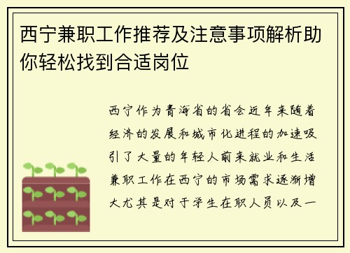 西宁兼职工作推荐及注意事项解析助你轻松找到合适岗位