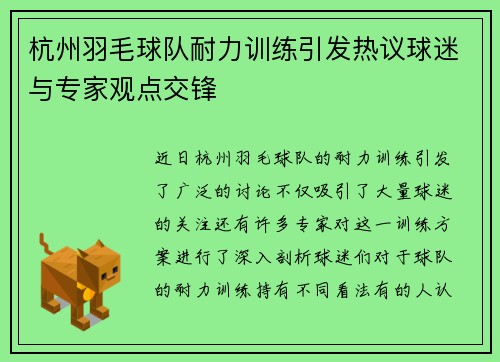 杭州羽毛球队耐力训练引发热议球迷与专家观点交锋