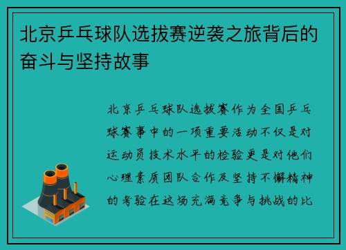 北京乒乓球队选拔赛逆袭之旅背后的奋斗与坚持故事