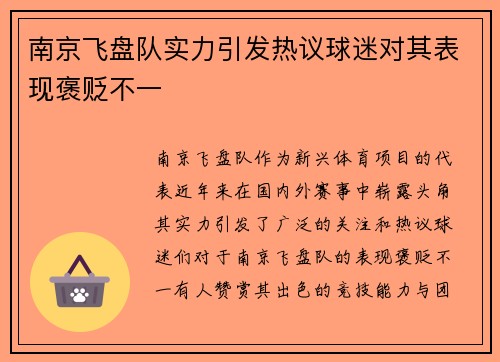 南京飞盘队实力引发热议球迷对其表现褒贬不一
