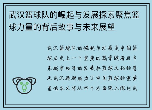 武汉篮球队的崛起与发展探索聚焦篮球力量的背后故事与未来展望