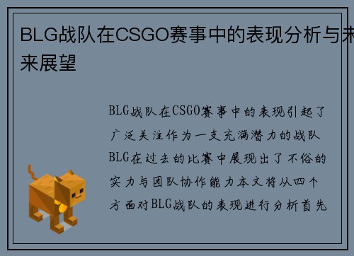 BLG战队在CSGO赛事中的表现分析与未来展望
