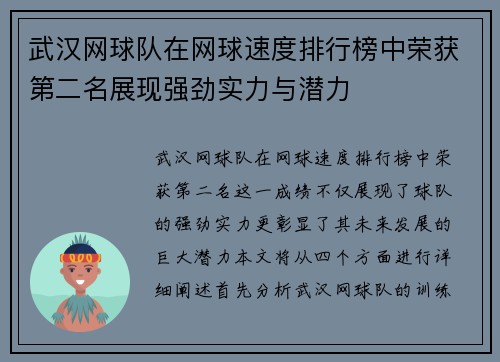 武汉网球队在网球速度排行榜中荣获第二名展现强劲实力与潜力